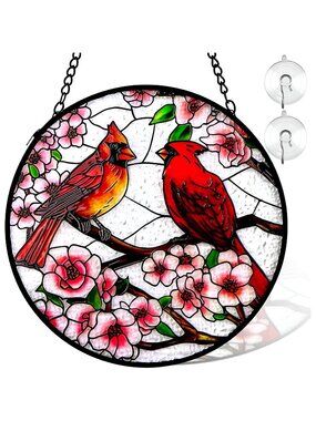 Remiawy Cardinal Stained Glass Window Hanging, 6 Inch Sun Catcher Glass Panel